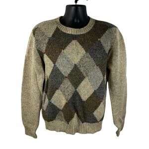 Vintage Boundary Waters 100% Wool Argyle Knit Sweater Brown Tan Size Large